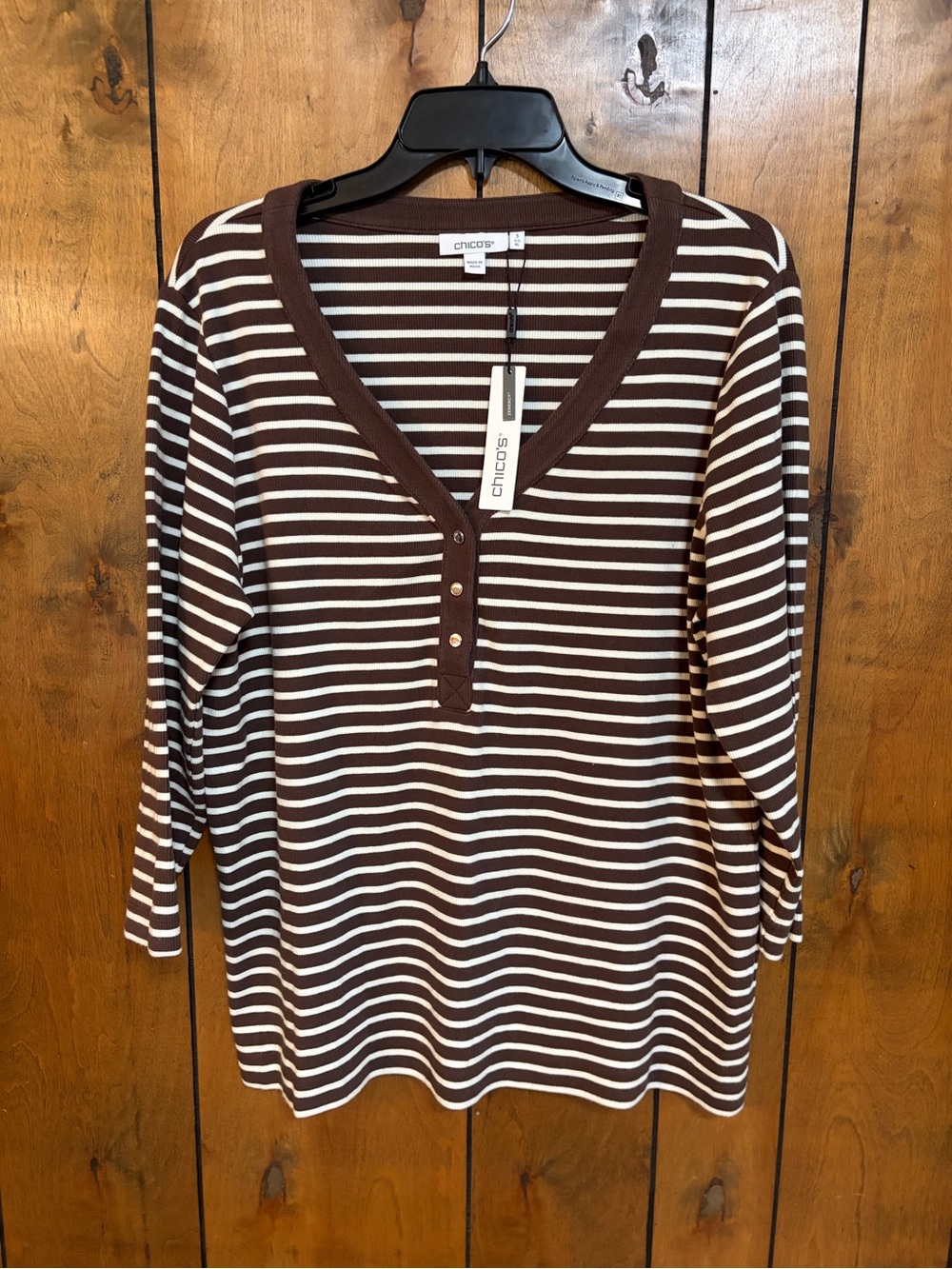 Chico's Brown & Cream Striped V-Neck Henley Long Sleeve Top